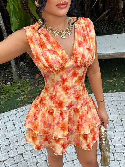 SXY Women's Peach Pink Vibrant Sleeveless Floral Deep V Neck Pleated Hem Mini Dress Stylish Boho Tropical Casual Sexy Elegant Party Vacation Summer