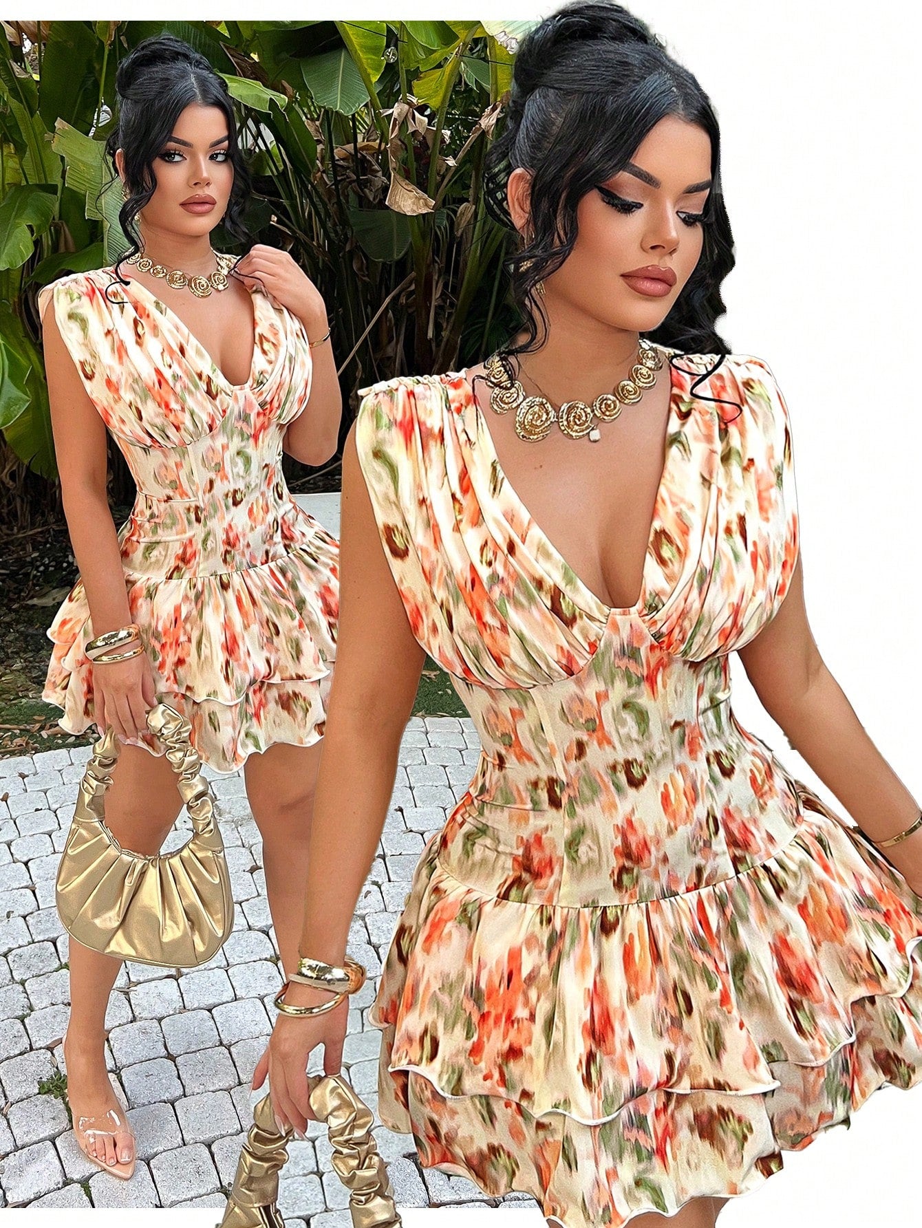 SXY Women's Peach Pink Vibrant Sleeveless Floral Deep V Neck Pleated Hem Mini Dress Stylish Boho Tropical Casual Sexy Elegant Party Vacation Summer