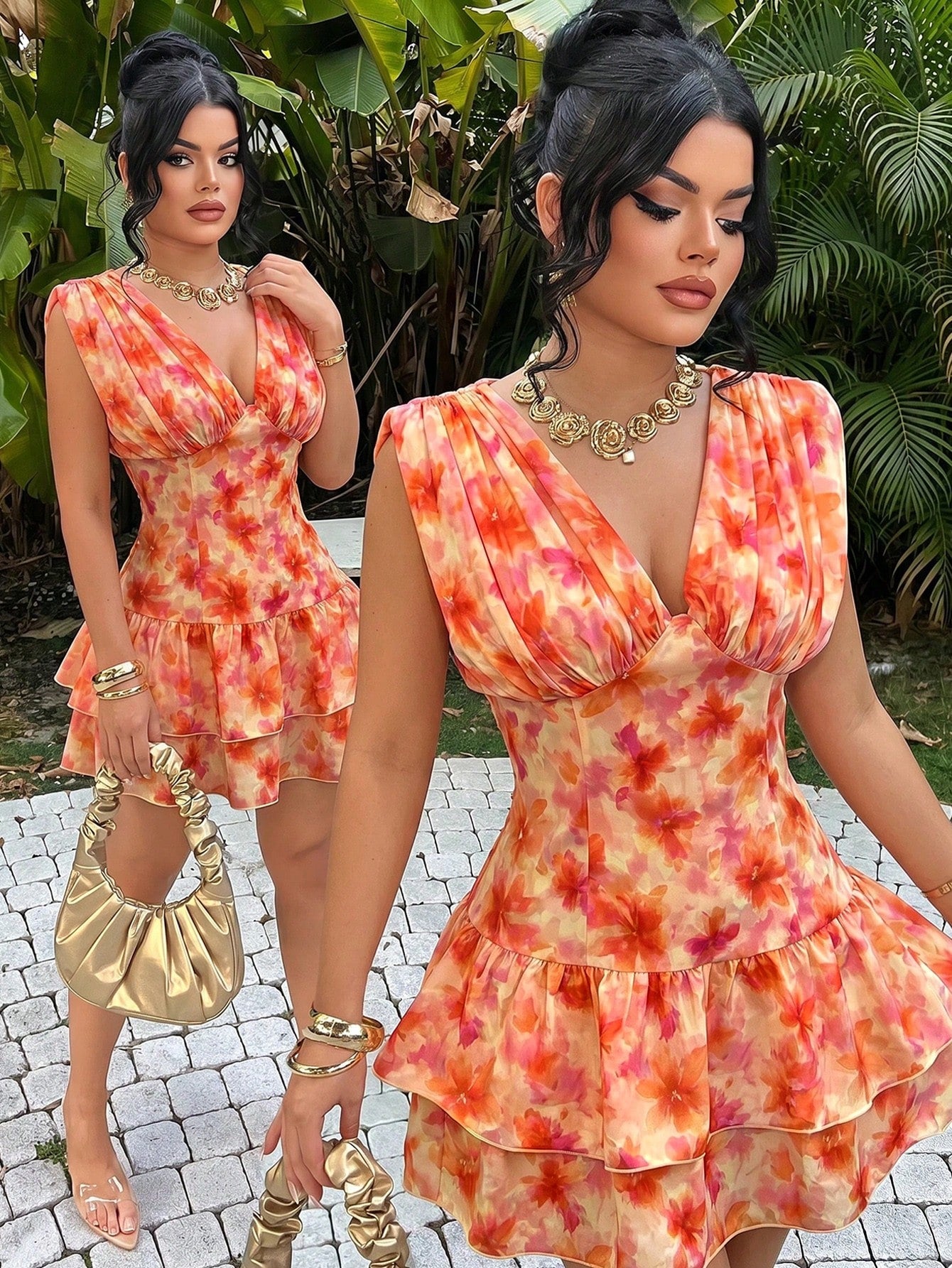 SXY Women's Peach Pink Vibrant Sleeveless Floral Deep V Neck Pleated Hem Mini Dress Stylish Boho Tropical Casual Sexy Elegant Party Vacation Summer