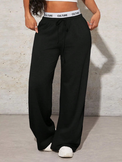 SXY Women's Simple Letter Print Patchwork Casual Wide Leg Black Sweatpants