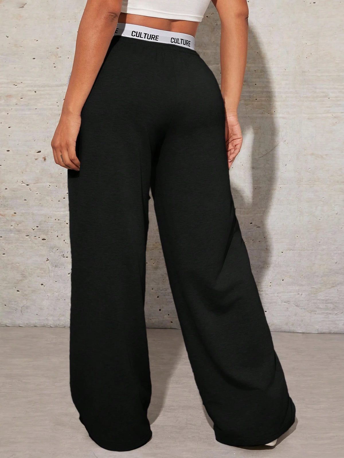 SXY Women's Simple Letter Print Patchwork Casual Wide Leg Black Sweatpants