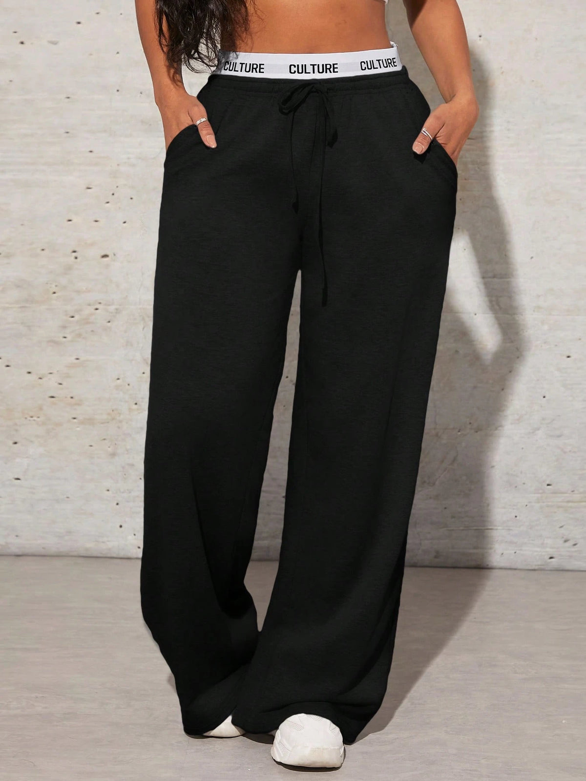 SXY Women's Simple Letter Print Patchwork Casual Wide Leg Black Sweatpants