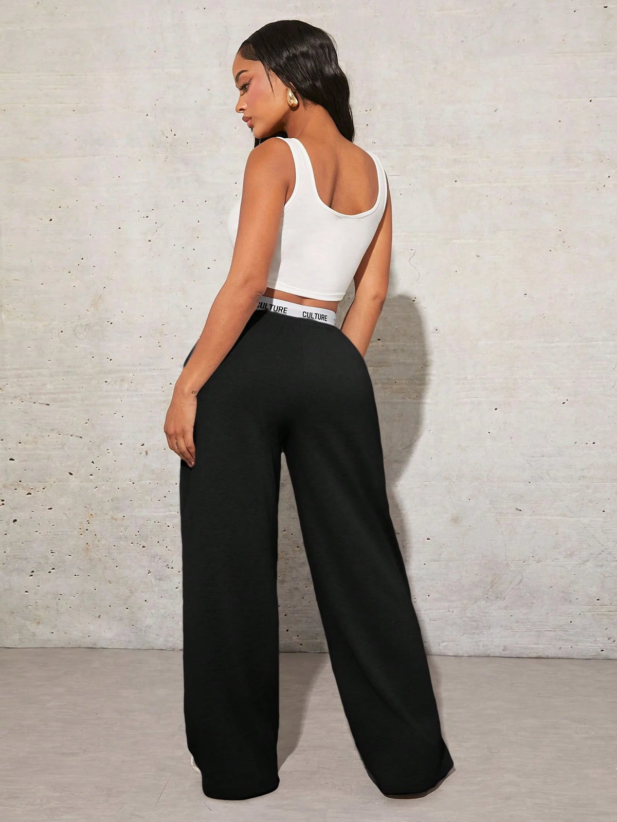 SXY Women's Simple Letter Print Patchwork Casual Wide Leg Black Sweatpants