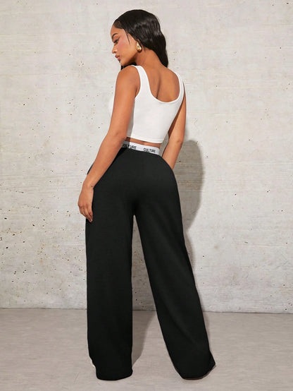 SXY Women's Simple Letter Print Patchwork Casual Wide Leg Black Sweatpants