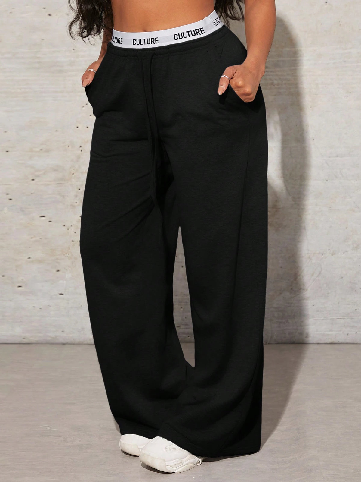 SXY Women's Simple Letter Print Patchwork Casual Wide Leg Black Sweatpants