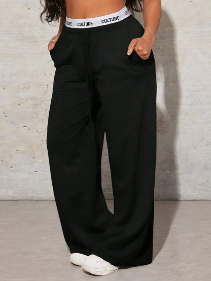 SXY Women's Simple Letter Print Patchwork Casual Wide Leg Black Sweatpants
