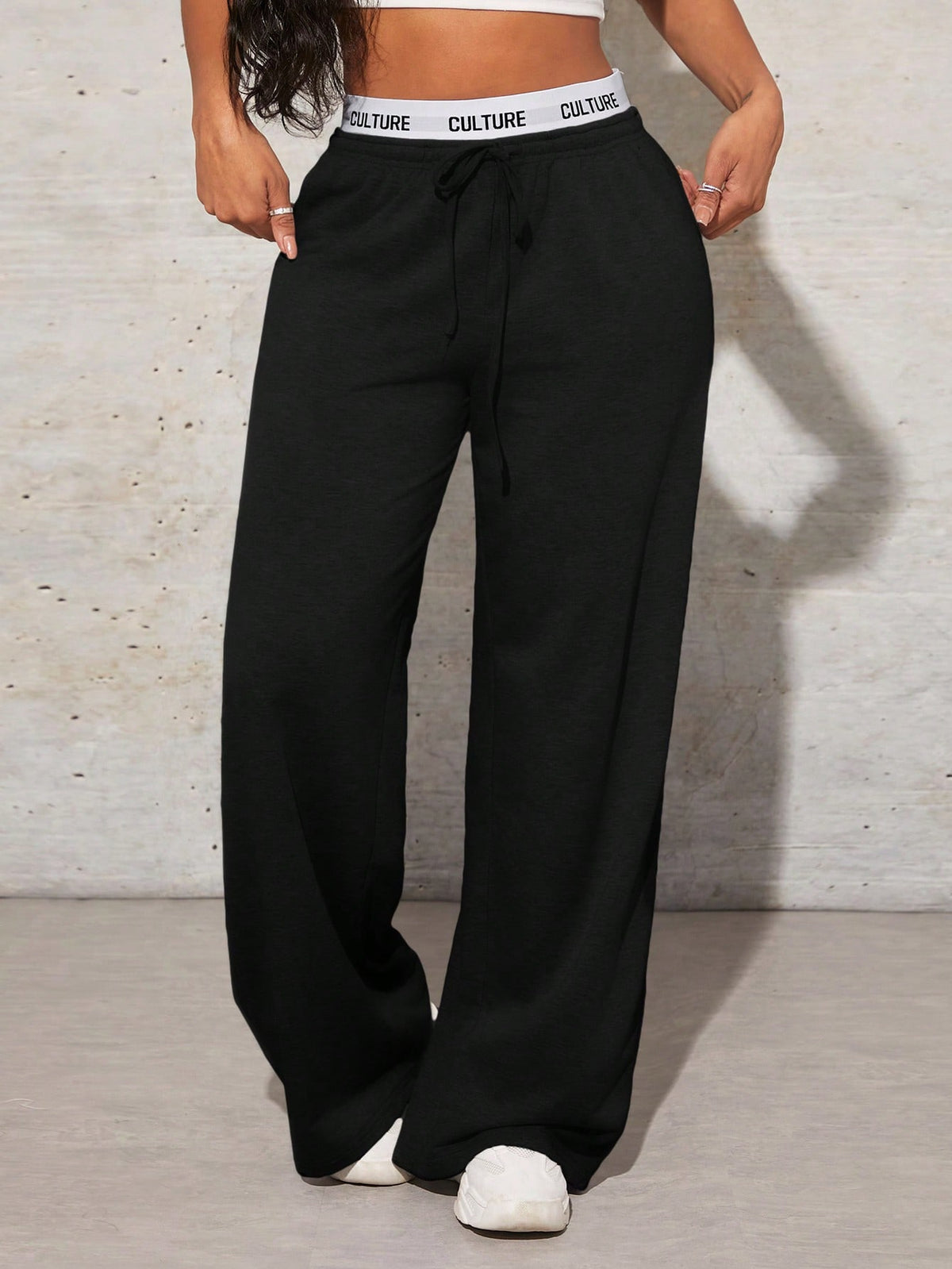 SXY Women's Simple Letter Print Patchwork Casual Wide Leg Black Sweatpants