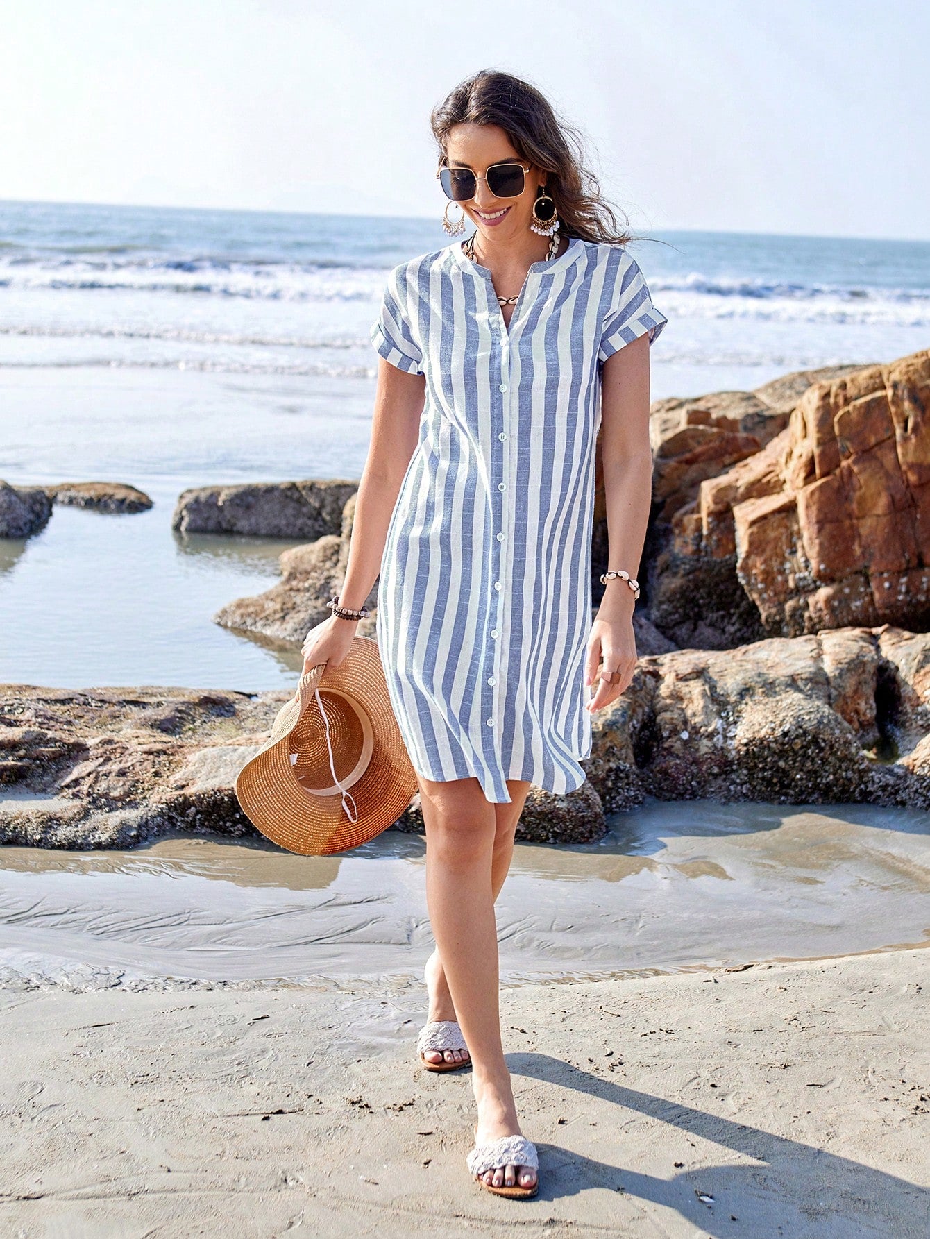 Sylviya Women's Summer Casual Short Sleeve V-Neck Striped Knee-Length Shirt Dress,Summer Dresses For Women,Vacation