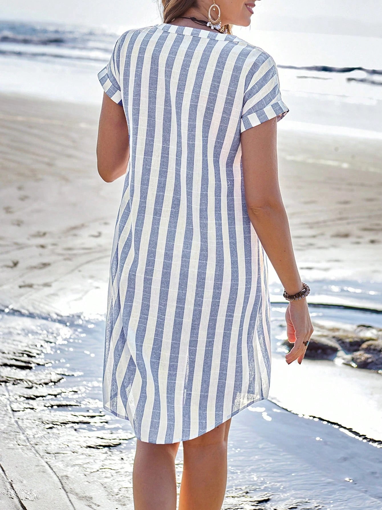 Sylviya Women's Summer Casual Short Sleeve V-Neck Striped Knee-Length Shirt Dress,Summer Dresses For Women,Vacation