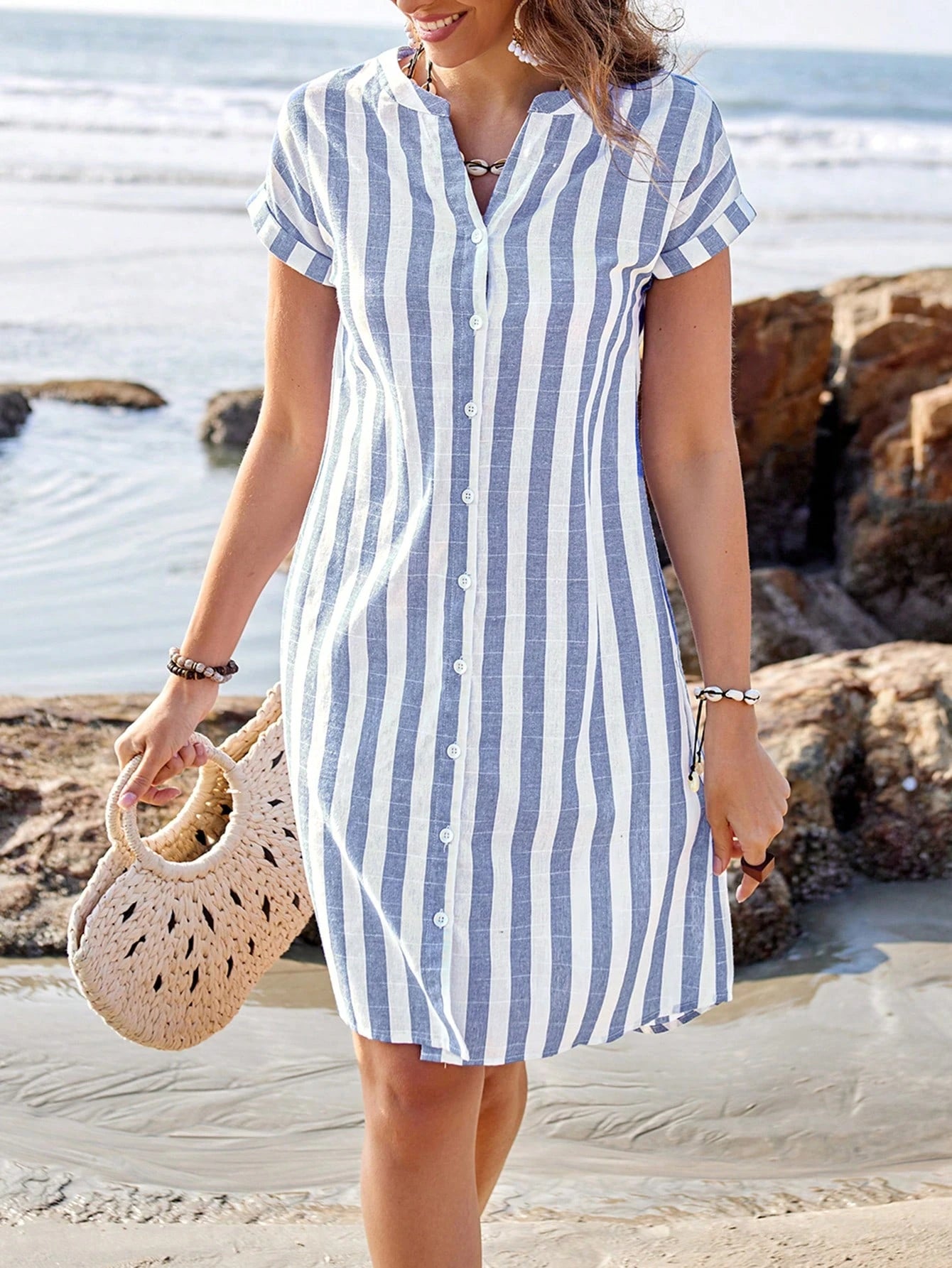 Sylviya Women's Summer Casual Short Sleeve V-Neck Striped Knee-Length Shirt Dress,Summer Dresses For Women,Vacation