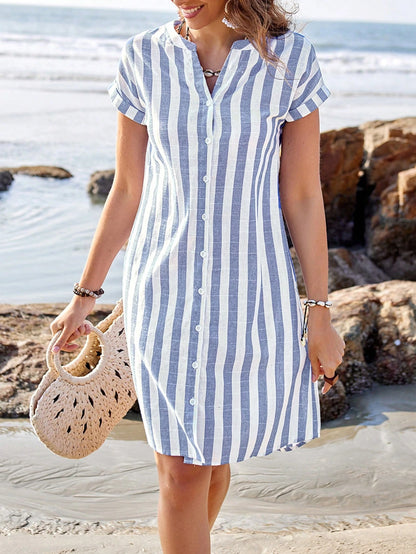 Sylviya Women's Summer Casual Short Sleeve V-Neck Striped Knee-Length Shirt Dress,Summer Dresses For Women,Vacation