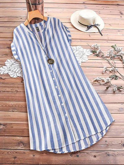 Sylviya Women's Summer Casual Short Sleeve V-Neck Striped Knee-Length Shirt Dress,Summer Dresses For Women,Vacation