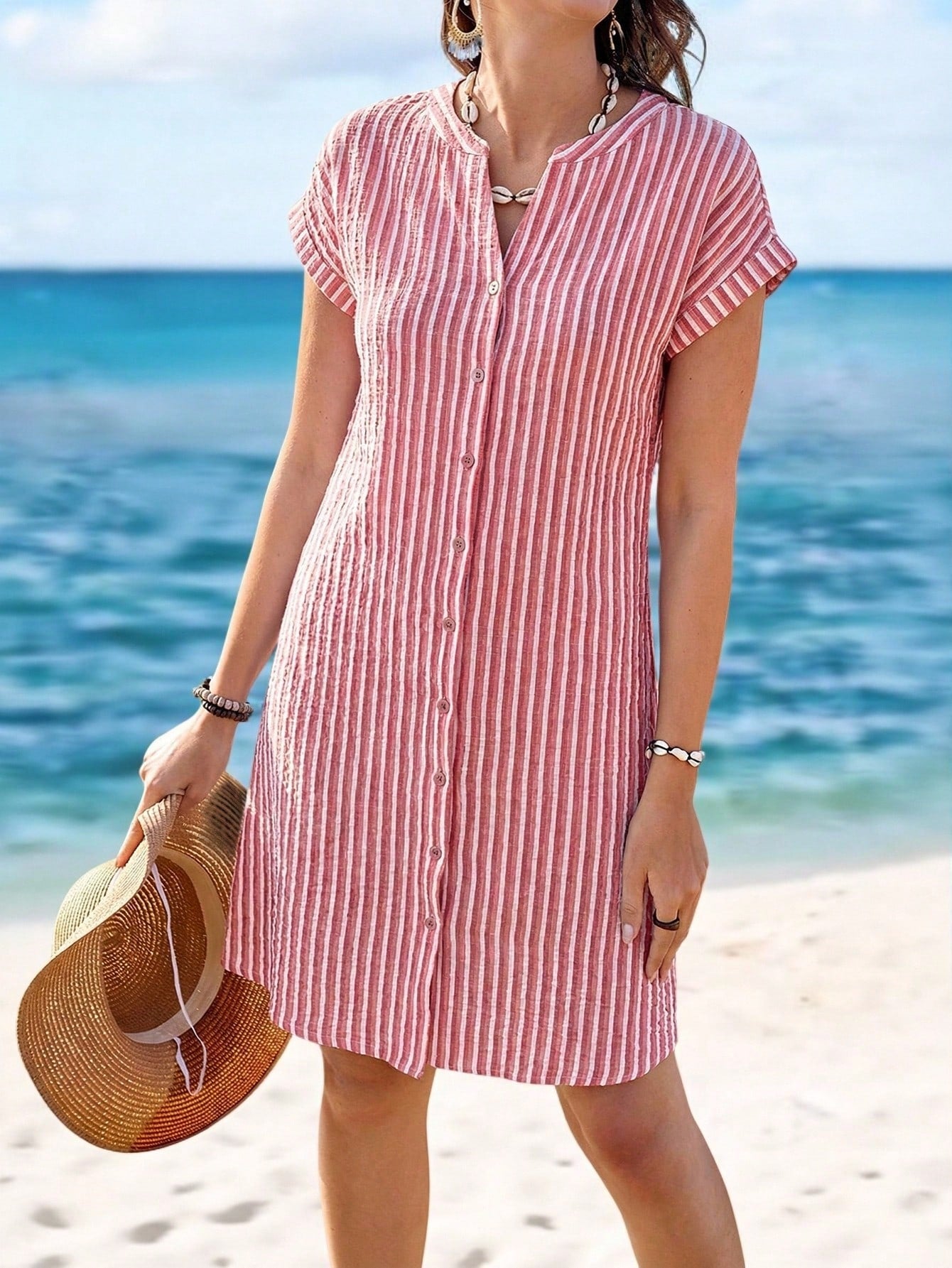 Sylviya Women's Summer Casual Short Sleeve V-Neck Striped Knee-Length Shirt Dress,Summer Dresses For Women,Vacation