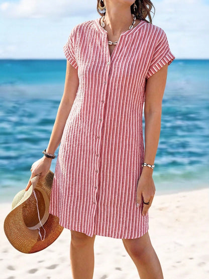 Sylviya Women's Summer Casual Short Sleeve V-Neck Striped Knee-Length Shirt Dress,Summer Dresses For Women,Vacation
