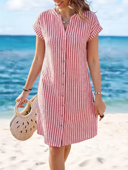 Sylviya Women's Summer Casual Short Sleeve V-Neck Striped Knee-Length Shirt Dress,Summer Dresses For Women,Vacation