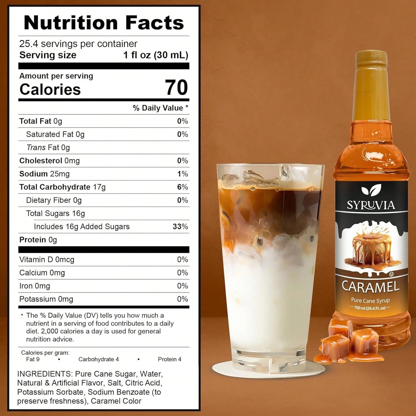 Syruvia Caramel Coffee Syrup- 25.4 Fl Oz. Premium Coffee Flavoring Syrup. Kosher, And Gluten-Free. Perfect For Enhancing Drinks, Sodas, Shakes, Desserts, And More