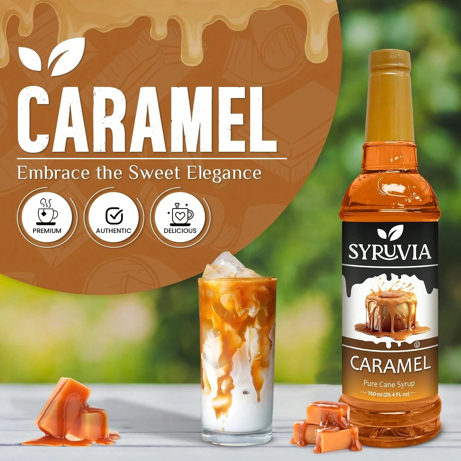 Syruvia Caramel Coffee Syrup- 25.4 Fl Oz. Premium Coffee Flavoring Syrup. Kosher, And Gluten-Free. Perfect For Enhancing Drinks, Sodas, Shakes, Desserts, And More
