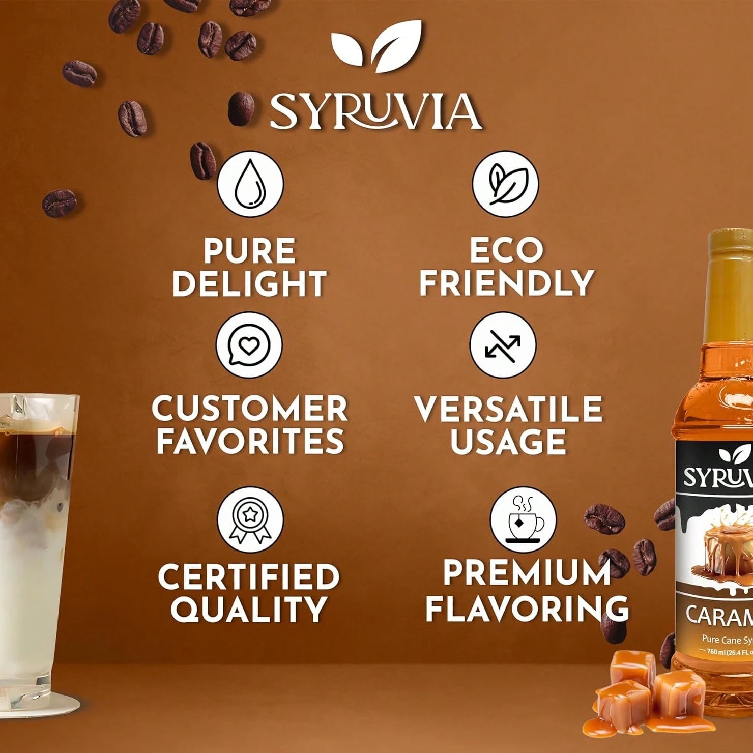 Syruvia Caramel Coffee Syrup- 25.4 Fl Oz. Premium Coffee Flavoring Syrup. Kosher, And Gluten-Free. Perfect For Enhancing Drinks, Sodas, Shakes, Desserts, And More