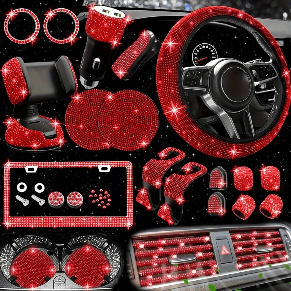 TAIMASI 27-Piece Women's Car Accessories Set – For Car Acessesories Women, Includes 15-Inch Shiny Steering Wheel Cover, Sparkling License Plate Frame, Phone Holder & Cup Holder Coasters. Best Holiday