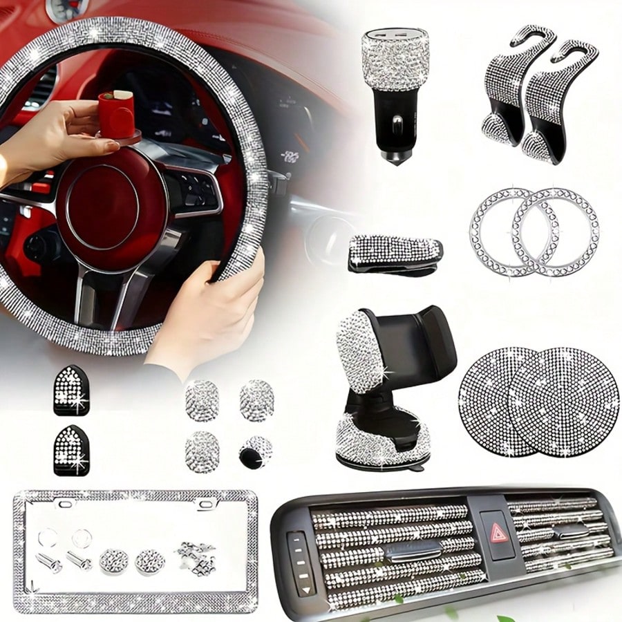 TAIMASI 27-Piece Women's Car Accessories Set – For Car Acessesories Women, Includes 15-Inch Shiny Steering Wheel Cover, Sparkling License Plate Frame, Phone Holder & Cup Holder Coasters. Best Holiday