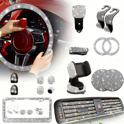 TAIMASI 27-Piece Women's Car Accessories Set – For Car Acessesories Women, Includes 15-Inch Shiny Steering Wheel Cover, Sparkling License Plate Frame, Phone Holder & Cup Holder Coasters. Best Holiday