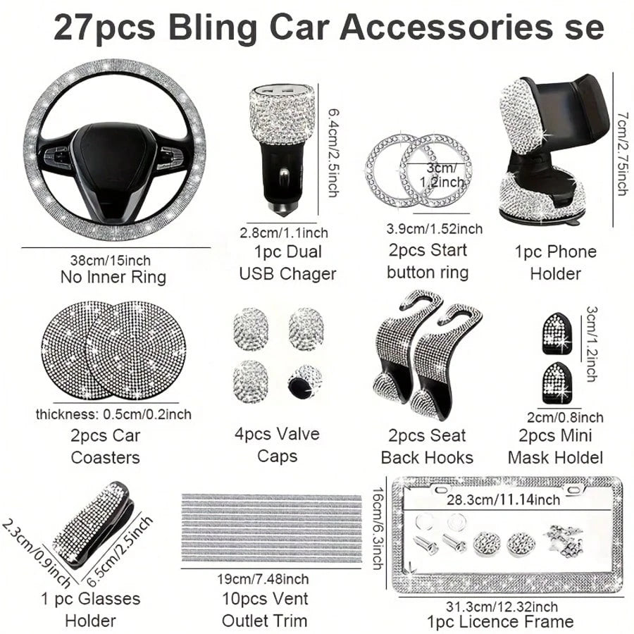 TAIMASI 27-Piece Women's Car Accessories Set – For Car Acessesories Women, Includes 15-Inch Shiny Steering Wheel Cover, Sparkling License Plate Frame, Phone Holder & Cup Holder Coasters. Best Holiday