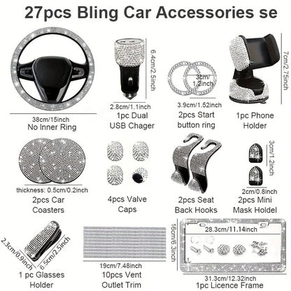 TAIMASI 27-Piece Women's Car Accessories Set – For Car Acessesories Women, Includes 15-Inch Shiny Steering Wheel Cover, Sparkling License Plate Frame, Phone Holder & Cup Holder Coasters. Best Holiday