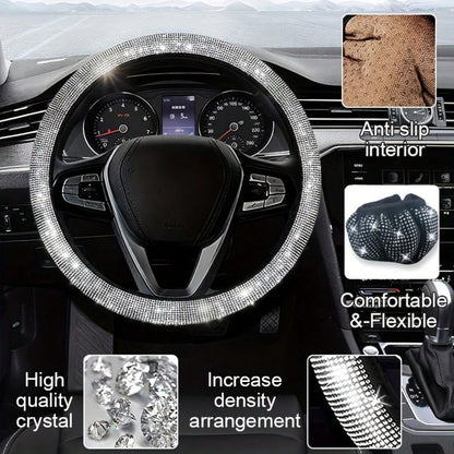 TAIMASI 27-Piece Women's Car Accessories Set – For Car Acessesories Women, Includes 15-Inch Shiny Steering Wheel Cover, Sparkling License Plate Frame, Phone Holder & Cup Holder Coasters. Best Holiday
