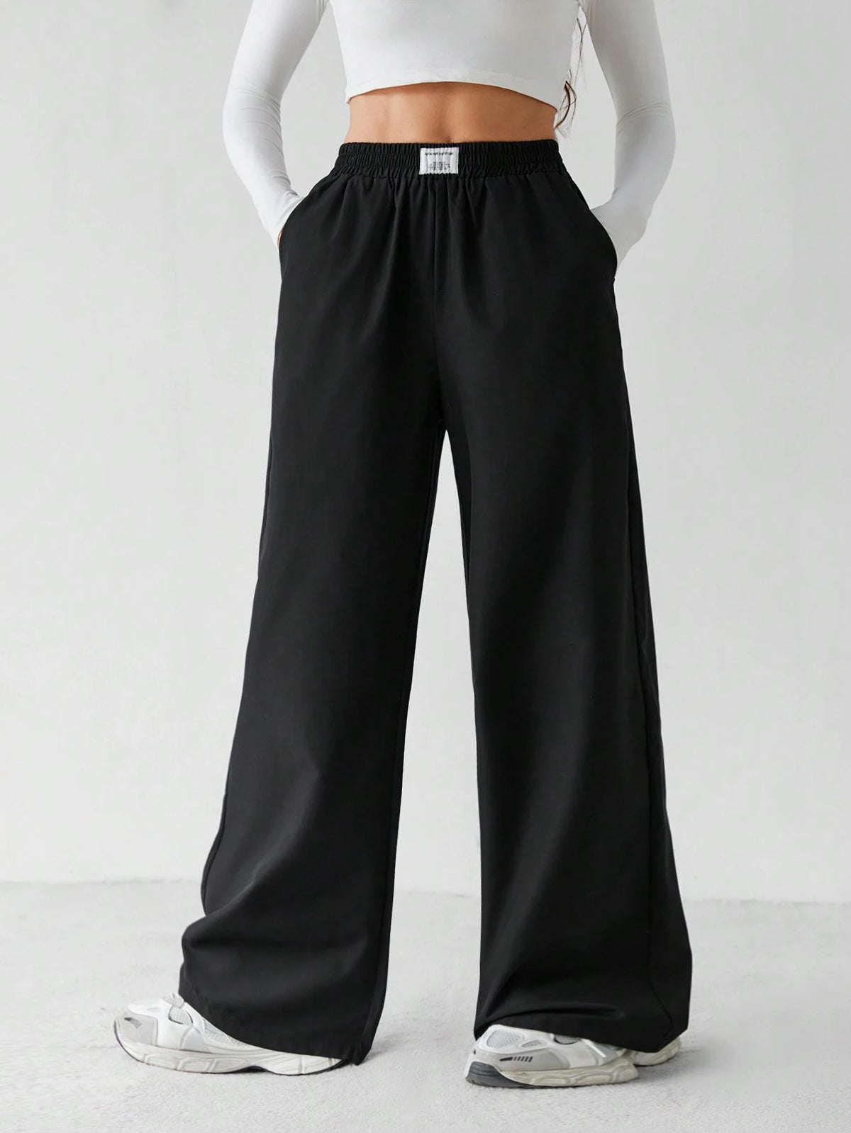 Tall Basic Loose Casual Vacation Trousers Plain Black Straight Trousers, Tall Women Lounge Summer