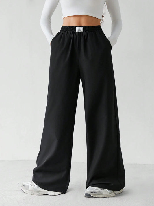 Tall Basic Loose Casual Vacation Trousers Plain Black Straight Trousers, Tall Women Lounge Summer