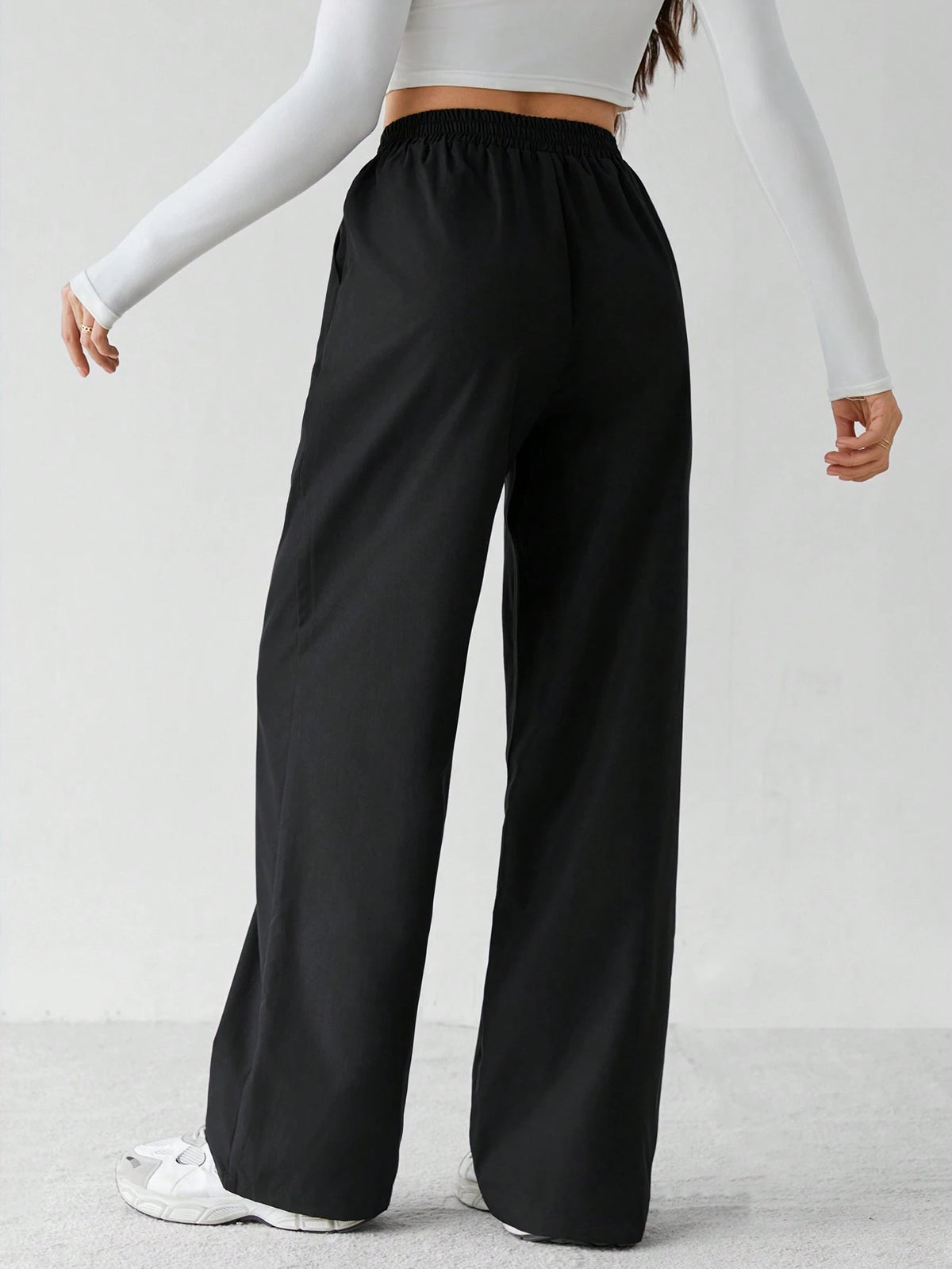 Tall Basic Loose Casual Vacation Trousers Plain Black Straight Trousers, Tall Women Lounge Summer