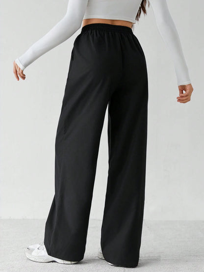 Tall Basic Loose Casual Vacation Trousers Plain Black Straight Trousers, Tall Women Lounge Summer