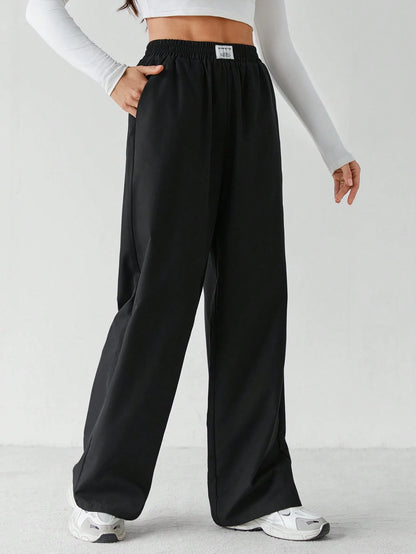 Tall Basic Loose Casual Vacation Trousers Plain Black Straight Trousers, Tall Women Lounge Summer