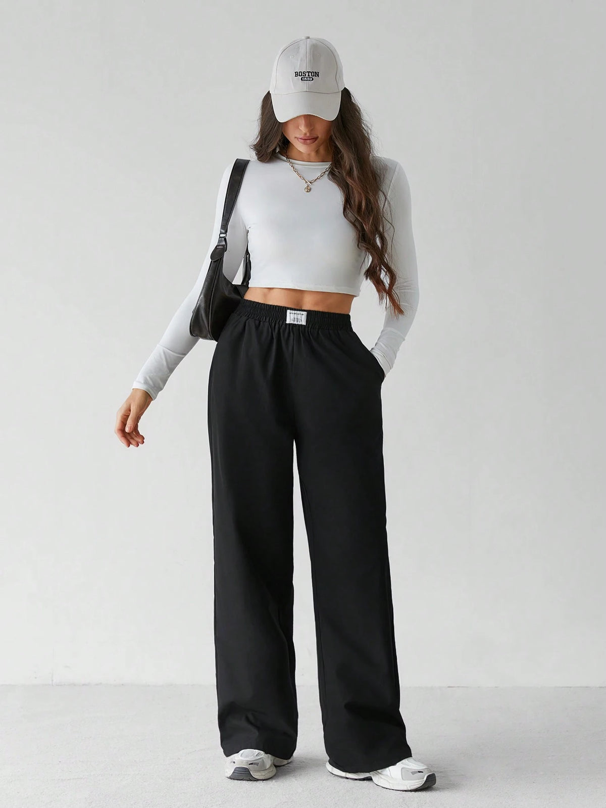 Tall Basic Loose Casual Vacation Trousers Plain Black Straight Trousers, Tall Women Lounge Summer