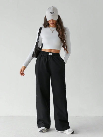 Tall Basic Loose Casual Vacation Trousers Plain Black Straight Trousers, Tall Women Lounge Summer