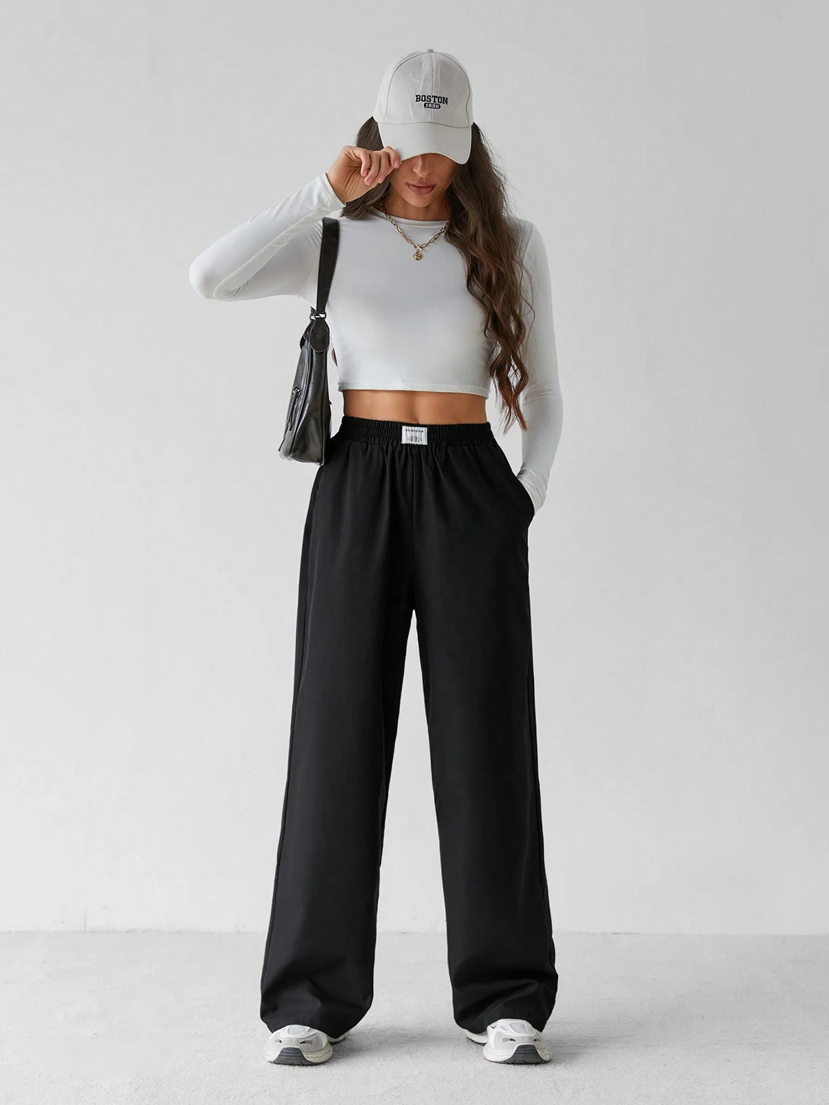 Tall Basic Loose Casual Vacation Trousers Plain Black Straight Trousers, Tall Women Lounge Summer