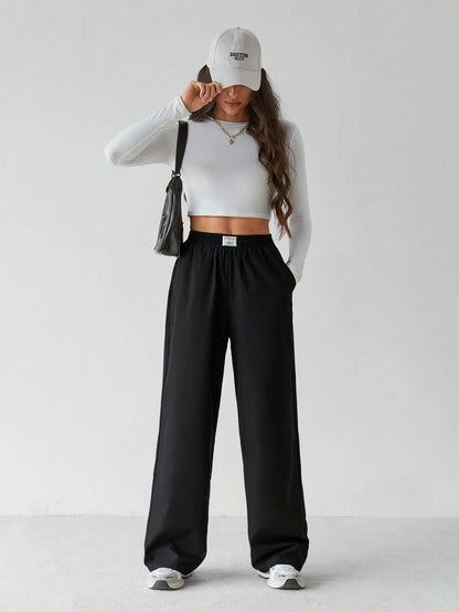 Tall Basic Loose Casual Vacation Trousers Plain Black Straight Trousers, Tall Women Lounge Summer