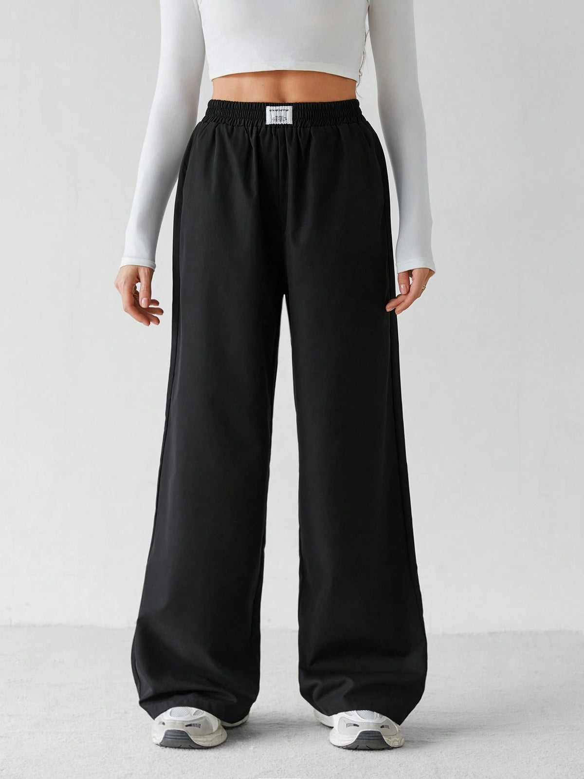 Tall Basic Loose Casual Vacation Trousers Plain Black Straight Trousers, Tall Women Lounge Summer