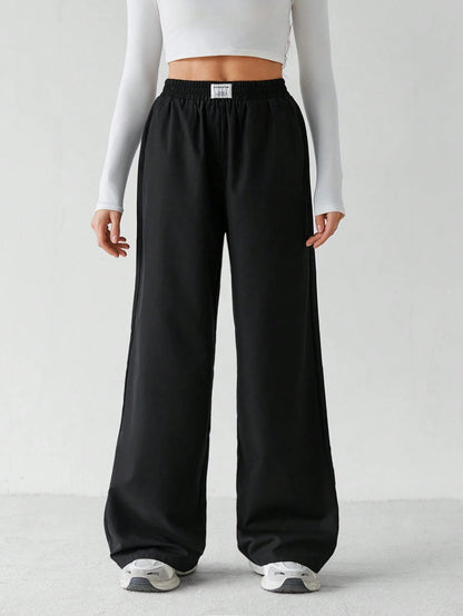 Tall Basic Loose Casual Vacation Trousers Plain Black Straight Trousers, Tall Women Lounge Summer
