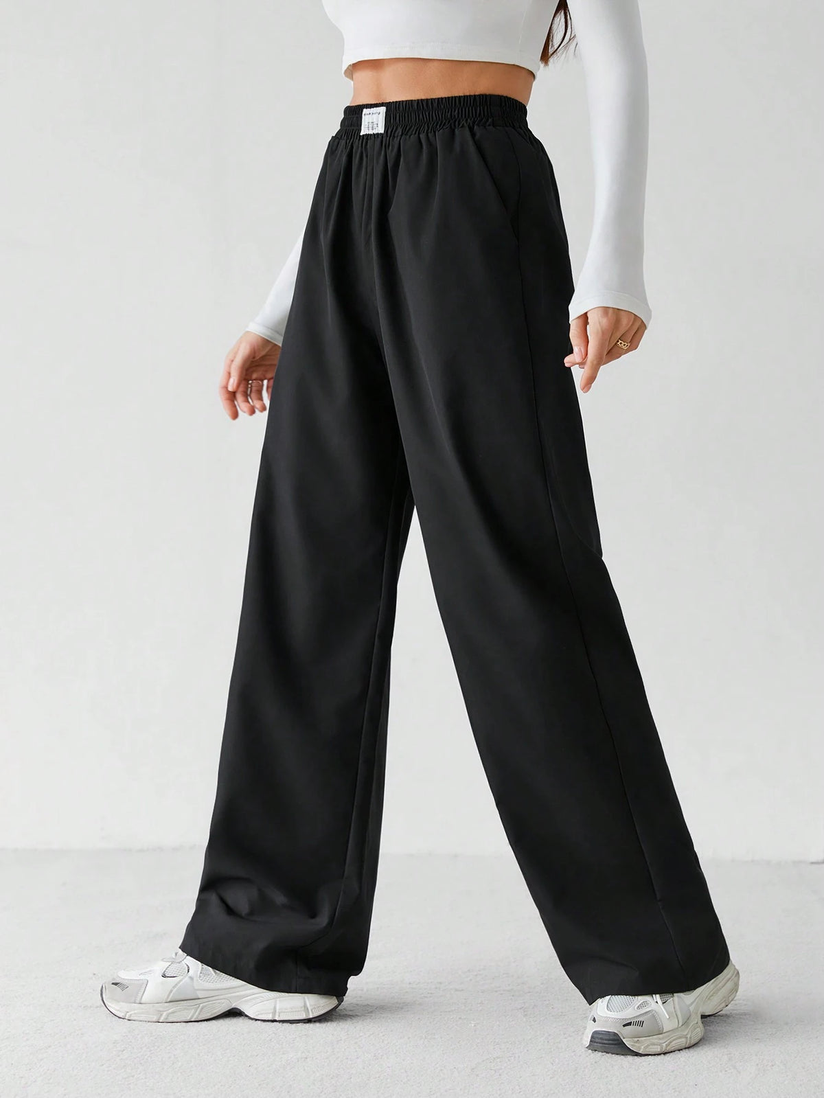 Tall Basic Loose Casual Vacation Trousers Plain Black Straight Trousers, Tall Women Lounge Summer