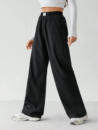 Tall Basic Loose Casual Vacation Trousers Plain Black Straight Trousers, Tall Women Lounge Summer