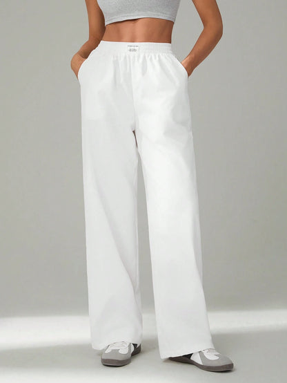 Tall Basic Loose Casual Vacation Trousers Plain Black Straight Trousers, Tall Women Lounge Summer