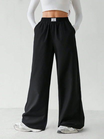 Tall Basic Loose Casual Vacation Trousers Plain Black Straight Trousers, Tall Women Lounge Summer
