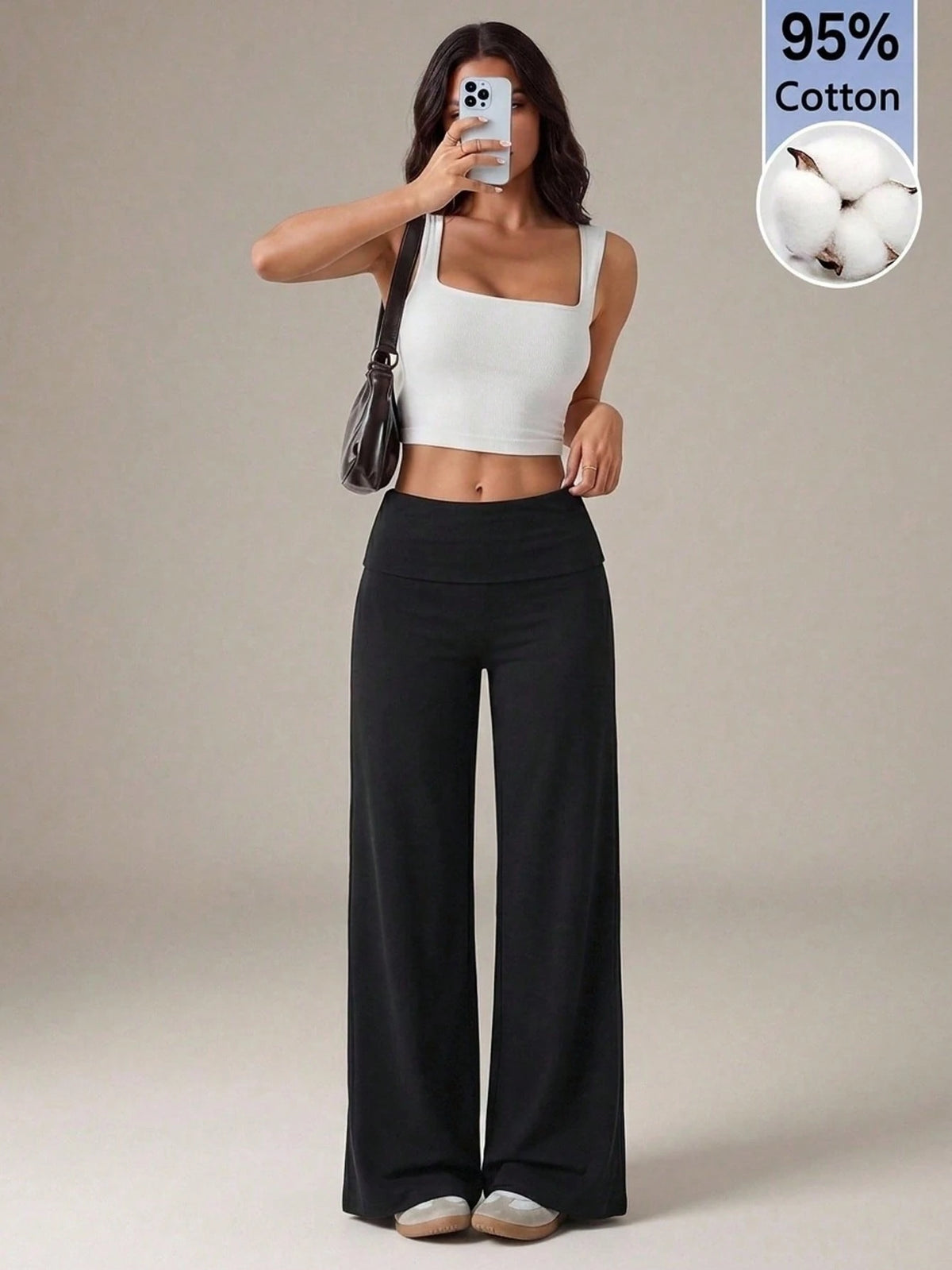 Tall Black High Waist Wide Leg Loose Casual Basic Pants Loungewear Autumn, Tall Women
