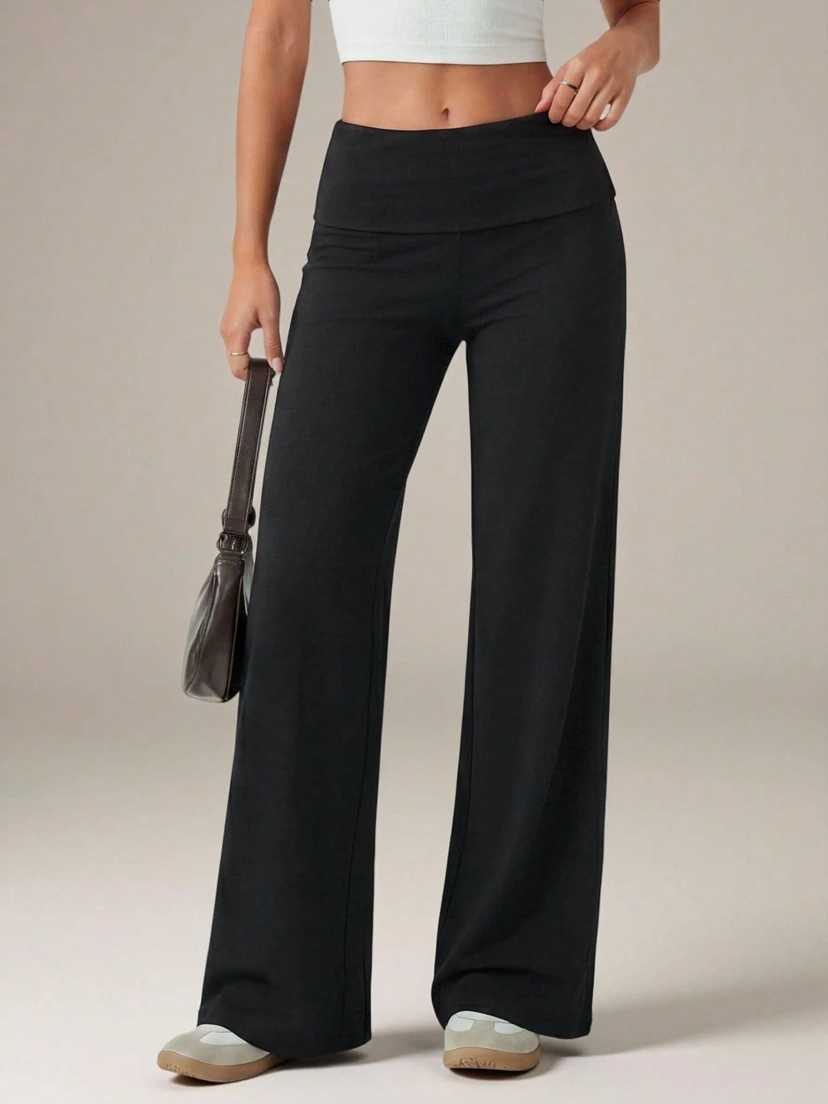 Tall Black High Waist Wide Leg Loose Casual Basic Pants Loungewear Autumn, Tall Women