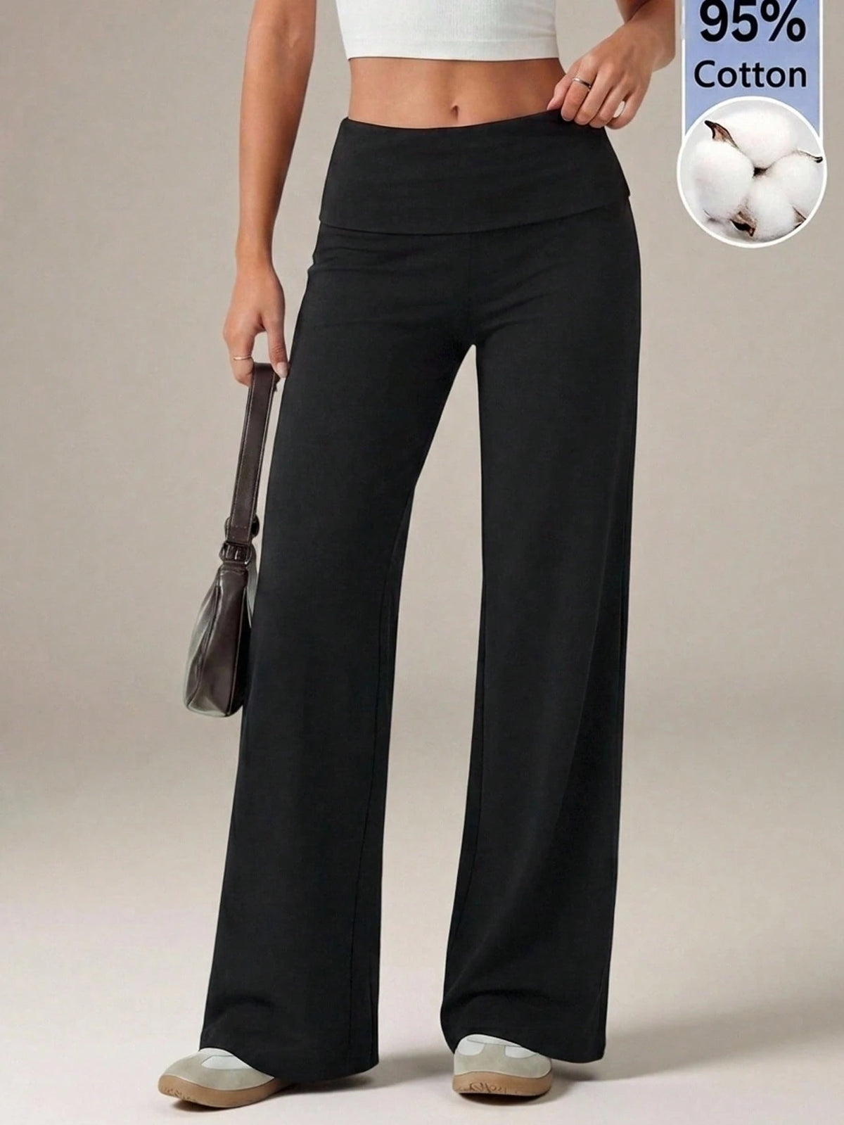 Tall Black High Waist Wide Leg Loose Casual Basic Pants Loungewear Autumn, Tall Women