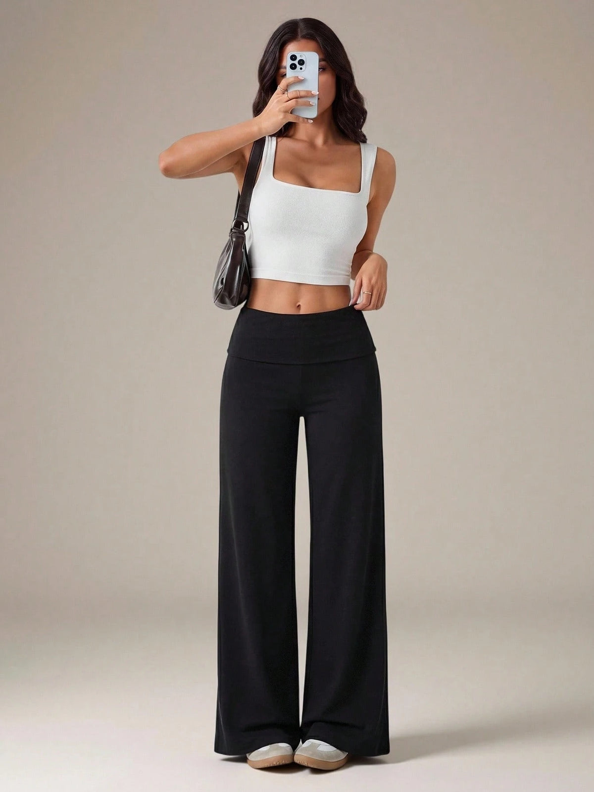 Tall Black High Waist Wide Leg Loose Casual Basic Pants Loungewear Autumn, Tall Women