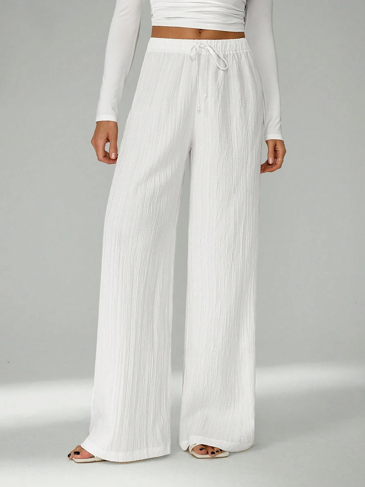 Tall Loose Drawstring Waist Trousers In Textured Crinkle Fabric White Wide Leg Pants Women White Linen Pants Women, Tall Women Vacation Summer Casual