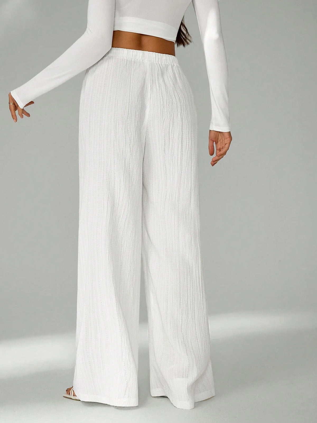 Tall Loose Drawstring Waist Trousers In Textured Crinkle Fabric White Wide Leg Pants Women White Linen Pants Women, Tall Women Vacation Summer Casual