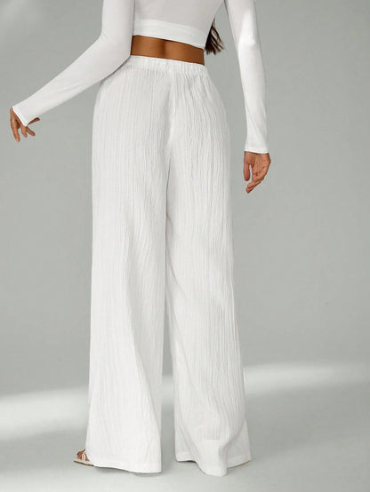 Tall Loose Drawstring Waist Trousers In Textured Crinkle Fabric White Wide Leg Pants Women White Linen Pants Women, Tall Women Vacation Summer Casual
